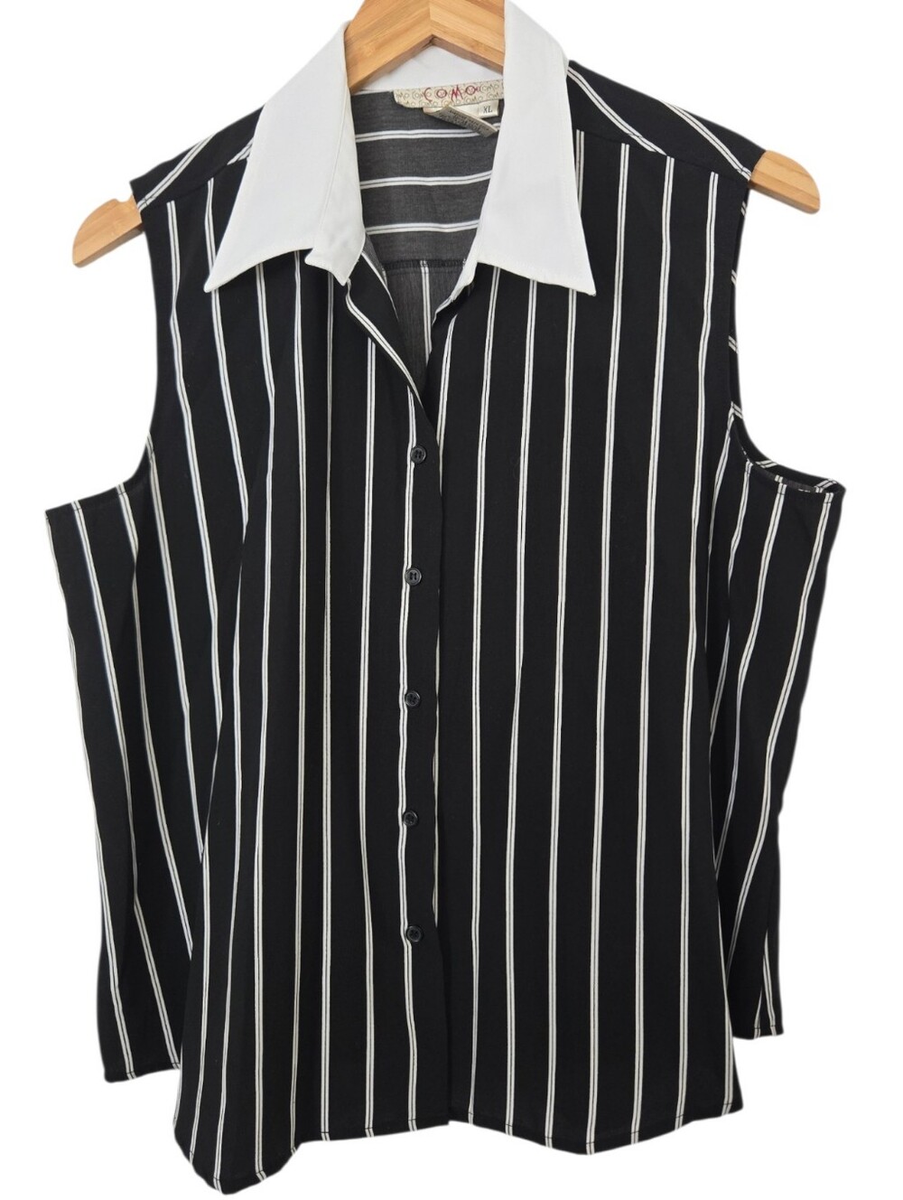 CMO Black White Striped Cold Shoulder Button Front Blouse Size XL
